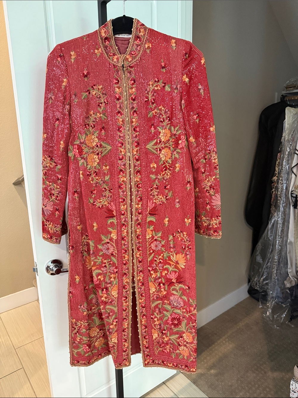 Long Embroidered Floral Coat Dress in Coral Red